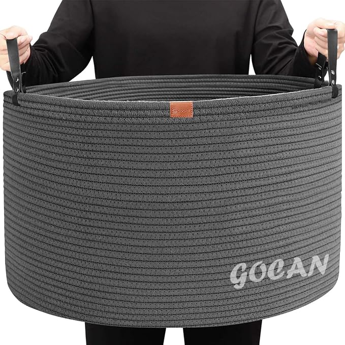 GOCAN Extra Large Storage Laundry Basket 22" X 22"X 14" Cotton Rope Woven Basket for Blanket Basket with Handles for Living Room Toys Storage XXXL (Dull grey)