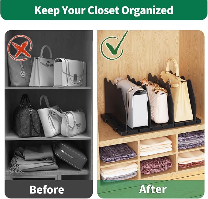 SPACEKEEPER Shelf Divider for Closet, Adjustable Purse Organizers Handbag Separators Storage Organizer Bookshelf Separator Dividers in Bedroom Office Kitchen Bathroom, Black
