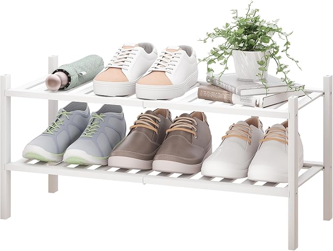 BMOSU 2-Tier Bamboo Shoe Rack Premium Stackable Shoe Shelf Storage Organizer for Hallway Closet Living Room Entryway Organizer(White Bamboo)