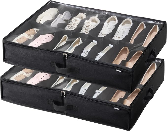 VEVOR Under Bed Shoe Storage Organizer, Set of 2, Total 32 Compartments, Underbed Shoes Closet Storage Solution with Clear Window, Breathable, Foldable Fabric Container Box with Reinforced Handles