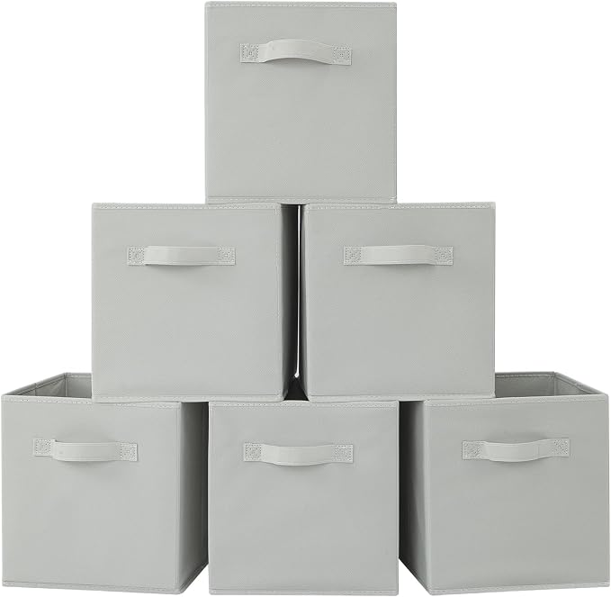 Stero Fabric Storage Bins 6 Pack Fun Colored Durable Storage Cubes with Fabric Handles Foldable Cube Baskets for Home, Kids Room, Closet and Toys Organization Gray