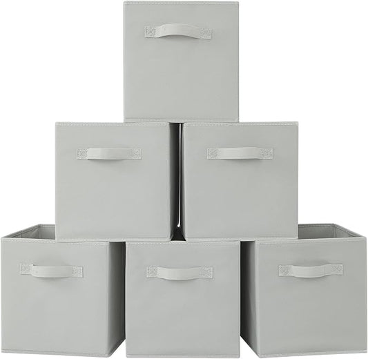 Stero Fabric Storage Bins 6 Pack Fun Colored Durable Storage Cubes with Fabric Handles Foldable Cube Baskets for Home, Kids Room, Closet and Toys Organization Gray