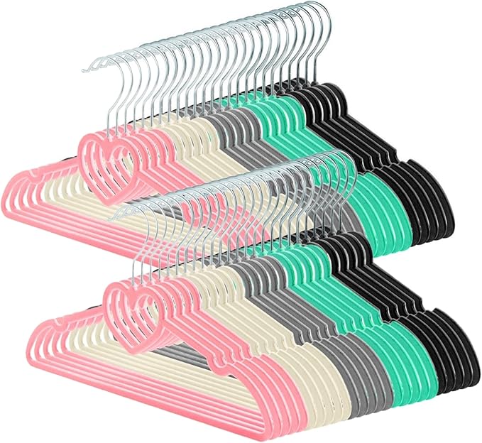Velvet Hangers 50 Pack,16 Inch Non Slip Heart Hanger (Mix Color) | 360° Swivel Hooks, Cascade Design, Space Saving