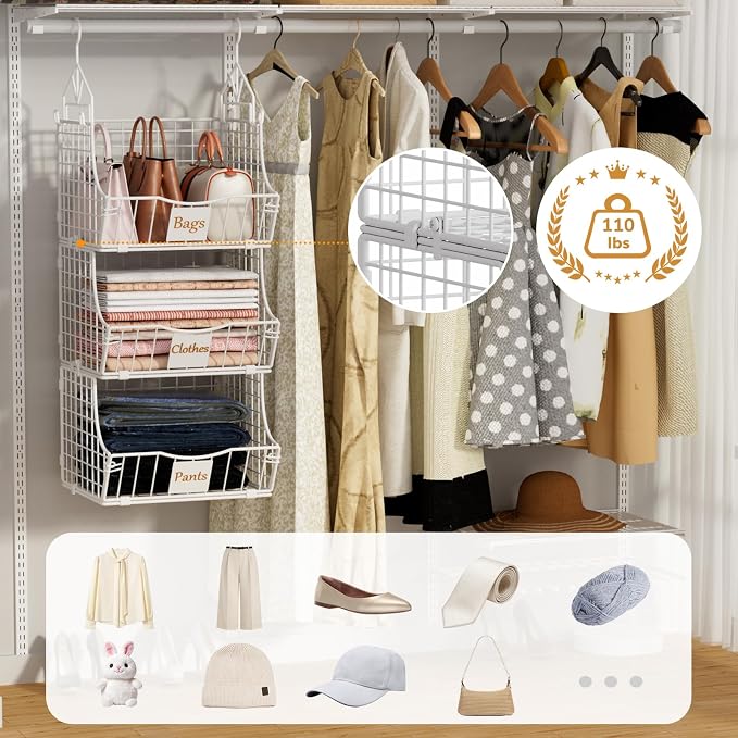 Hanging Closet Organizers and Storage, 5 Tier Closet Shelf Clothes Organizer with 2 S-Hooks, Multi-Functional Iron Wire Baskets, for Clothing, Sweaters, Handbags, Hat, Canned