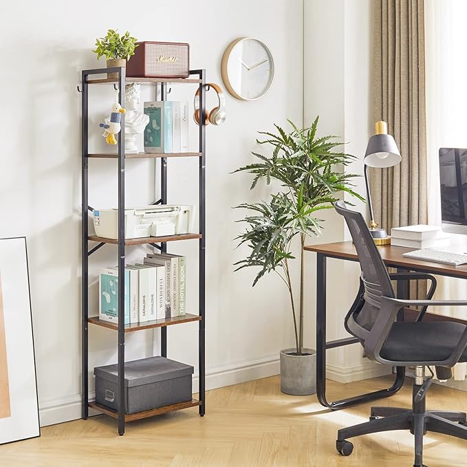 YMYNY Bookshelf, 5-Tier Ladder Shelf Organizer, Narrow Shelving Unit, Corner Storage Racks, Large Capacity Bookcase, for Home Office Living Room Balcony Bathroom, 57.7" H, Metal Frame,UHBC005H