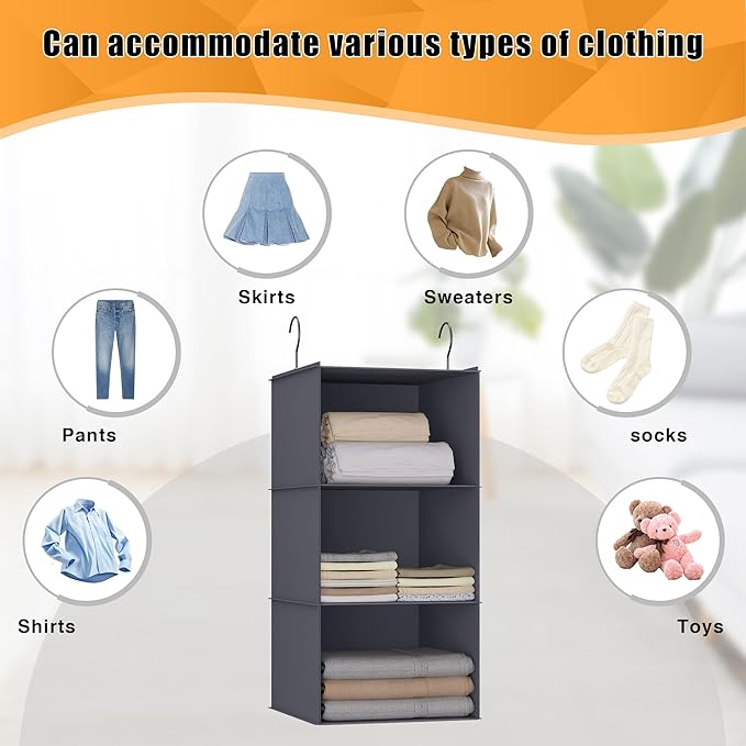 Hanging Closet Organizer 3-Shelf, Oxford Fabric Wardrobe Storage, Dark Gray | Easy-mount foldable design holds clothes, handbags, shoes & accessories; washable Oxford fabric, sturdy and space-saving.