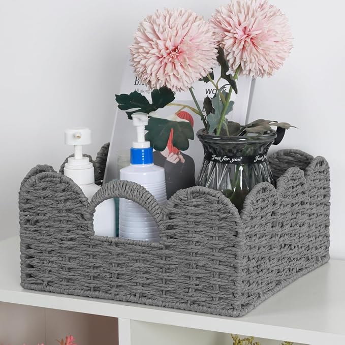 Graciadeco Scalloped Wicker Basket Natural Paper Rope Storage Baskets with Handles Handwoven Organizer Bin Wicker Storage Baskets for Home Decor, Organizing, 2 Pack (Grey)