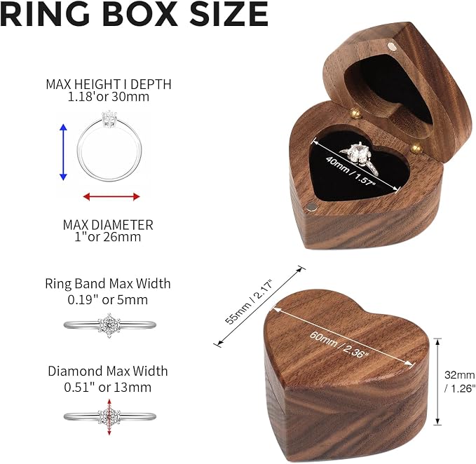 Engagement Proposal Ring Box Secret Slim Storage Wooden Heart Case | Walnut Wood Ring Bearer Box Jewelry Storage Holder Collection & Display for Wedding Ceremony Commemoration Day
