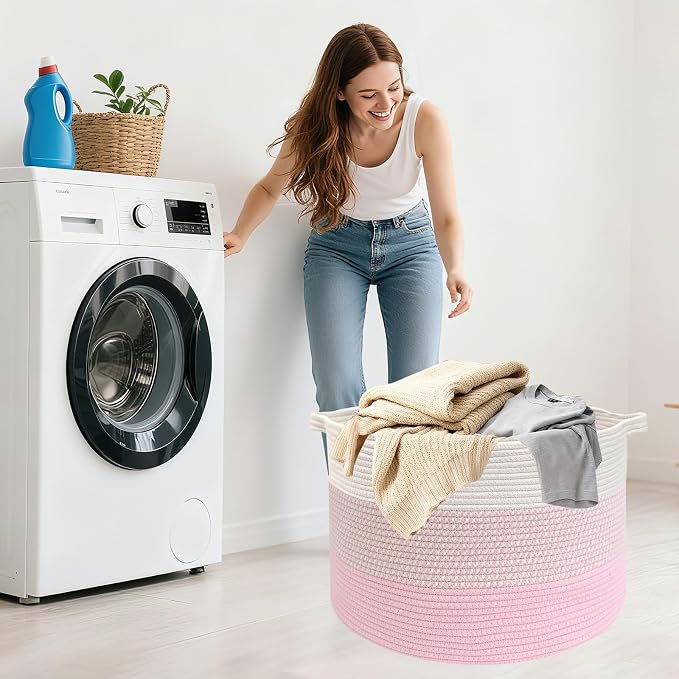 65L Large Blanket Basket,Woven Rope Laundry Basket Hamper with Handles,Decorative Nursery Basket Storage Bin for Toys, Pillows, Clothes Organizer, Living Room, Bedroom, Bathroom, Pink