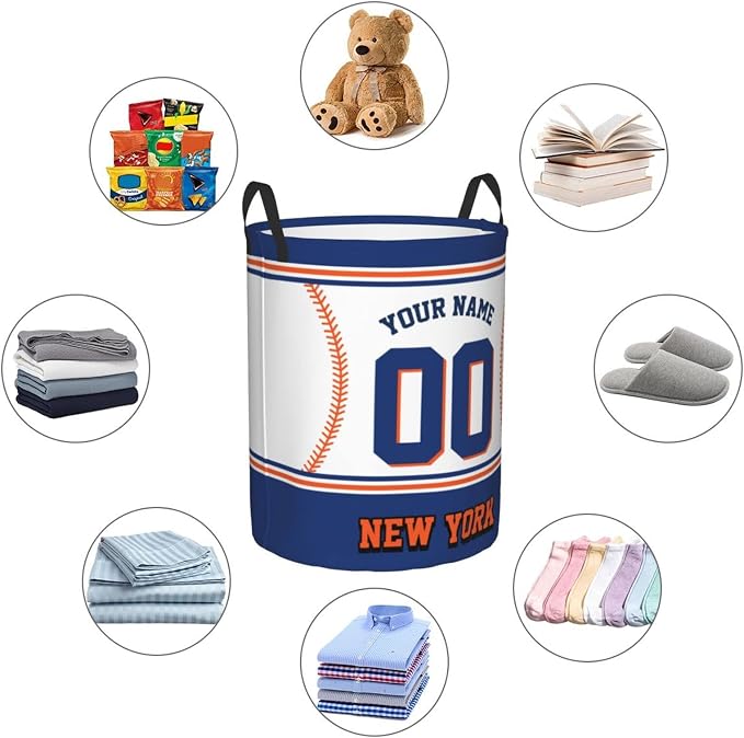 New York Laundry Hamper Personalized Laundry Basket Customized Name And Number Collapsible Storage Basket for Bedroom Bathroom Living Room Baseball Fan Gifts