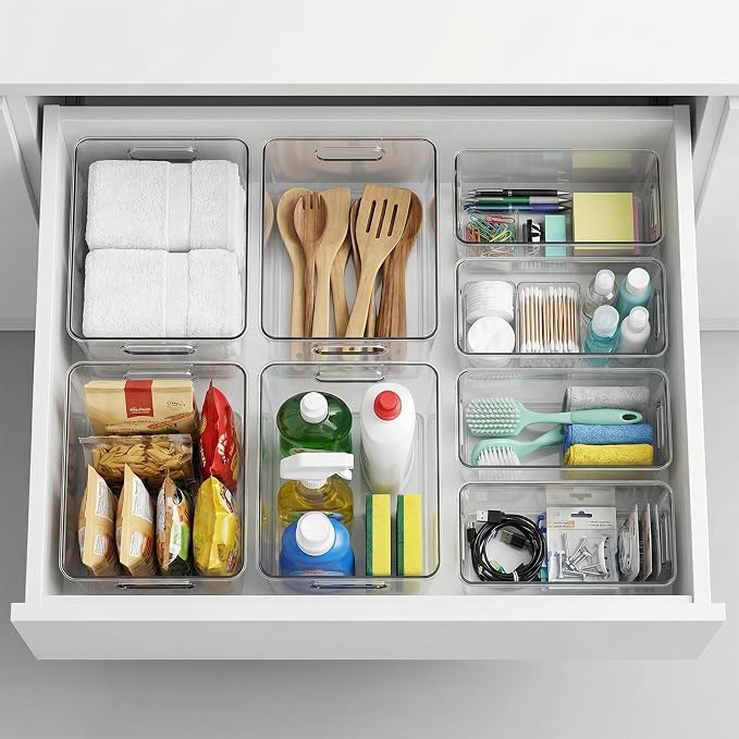 MOONEDGE Clear Plastic Storage Organizer Bins for Home Organization | Clear Bins for Organizing, Pantry Organizers and Storage, Kitchen, Fridge, Bathroom, Cabinet, Closet, Under-Sink, Laundry