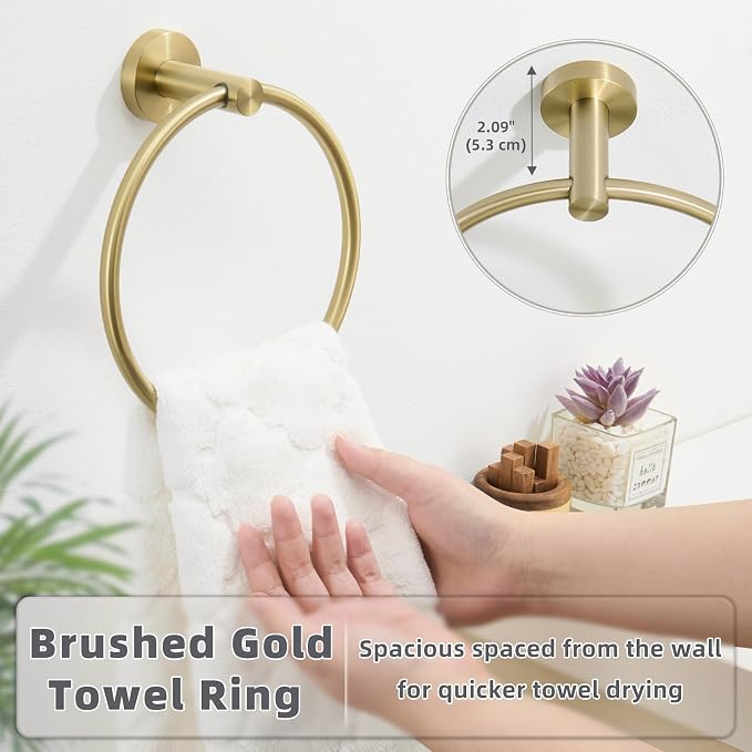 APLusee Brushed Gold Bath Towel Ring, 304 Stainless Steel Heavy Duty Towel Holder for Bathroom, Wall Mounted