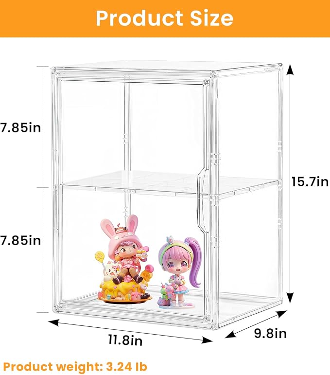 XXX-Large Clear Stackable Acrylic Display with Lid & Magnetic Door - 2-Tier Adjustable Shoe Box Case 11.8'' X 9.8'' X 15.7''Organizer for Boot, Sneakers, Collectibles, Figures, Purses | 2-Pack