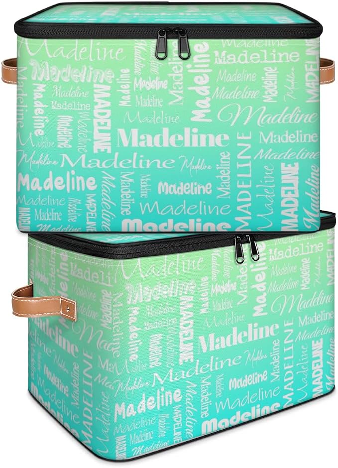 Custom Storage Basket with Name, Personalized Keepsake Box with Zipper Lid, Foldable Fabric Memory Bin Large capacity with Handle Green Blue
