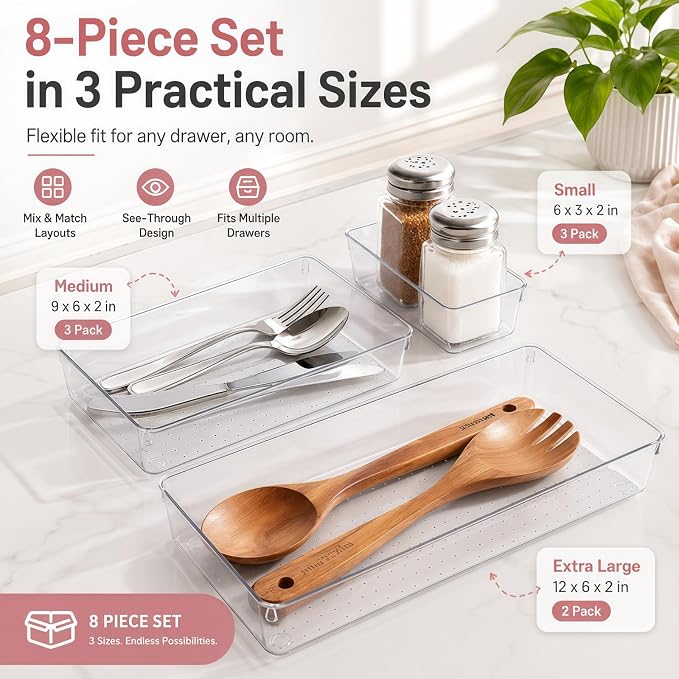 8 Pack Large Clear Plastic Drawer Organizer Bins - Acrylic Bathroom Drawer Organizer Trays - Heavy Duty Kitchen Drawer Dividers for Utensils - Non-Slip Storage Bins for Makeup, Bedroom, Office Desk