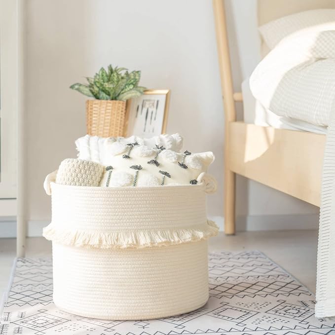 CherryNow Baby Laundry Basket, Cotton Rope Basket for Blankets & Toys, 45L | Compact Storage Basket for Organizing Bbay Clothes & Toys, Decorative Basket with Tassels, Perfect for Nursery Décor, White