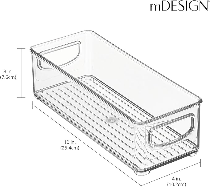 mDesign Plastic Stackable Small Organizing Bin Kitchen Pantry Cabinet, Refrigerator, Freezer Food Organization Storage Bins with Handles, Drawer Container Organizer, Ligne Collection, 4 Pack - Clear