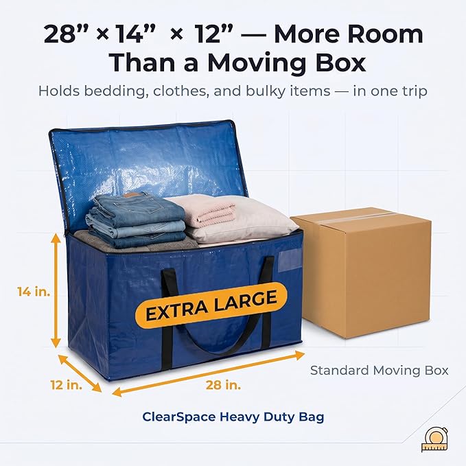 ClearSpace Heavy Duty Moving Bags or Storage Bag – Large Moving Boxes with Backpack Straps, Zippers & Handles – Perfect for Moving, College Dorm, Traveling, Camping, Christmas Decorations, 8 Pack