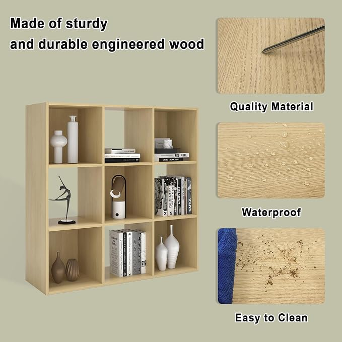 9 Cube Shelf Bookcase, Oak 11in | Anti-Tipping Kits, Reversible Open Back, Multi Layer Multi Grid Partition Layout