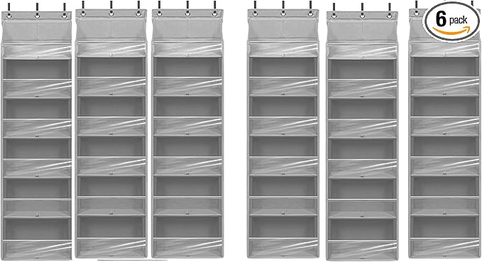Over Door Organizer with 6 Extra Large Pockets 12 Side Pockets, Sturdy Closet Storage Rack, Hanging Storage Organizer with Clear Window for Shoes, Diaper, Bedroom, Bathroom, Grey, 6-Pack