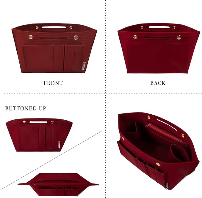 Vercord Purse Organizer Insert for Long champ Felt Organizer Insert with Zipper Handbag Insert Tote Shaper Storage Bag Burgundy L