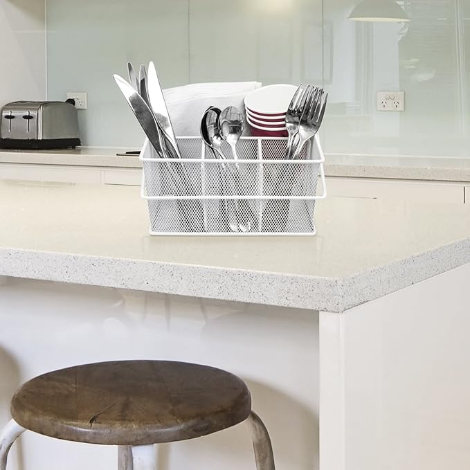 Sorbus® Utensil Caddy — Silverware, Napkin Holder, and Condiment Organizer — Multi-Purpose Steel Mesh Caddy—Ideal for Kitchen, Dining, Entertaining, Tailgating, Picnics, and much more (White)