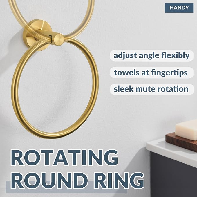 APLusee Brushed Gold Hand Towel Ring, 304 Stainless Steel Flexible Round Towel Holder for Bathroom Kitchen, Wall Mounted