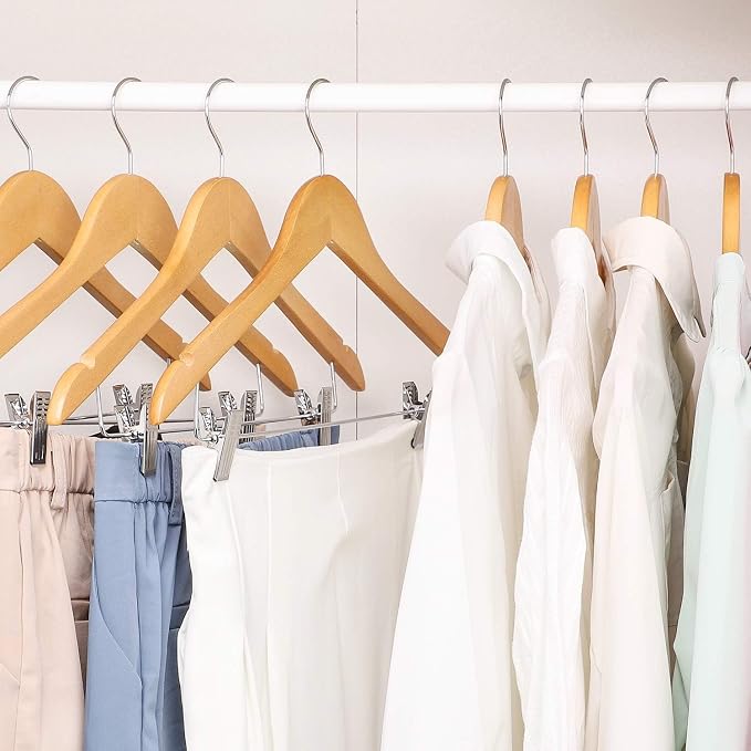 HOUSE DAY Wooden Hangers with Clips 72 Pack,Wooden Suit Hangers Skirt Hangers Solid Wood Pants Hangers Natural Smooth Finish Wood Hangers with Durable Metal Clips for Blouse, Dress, Coat, Jacket