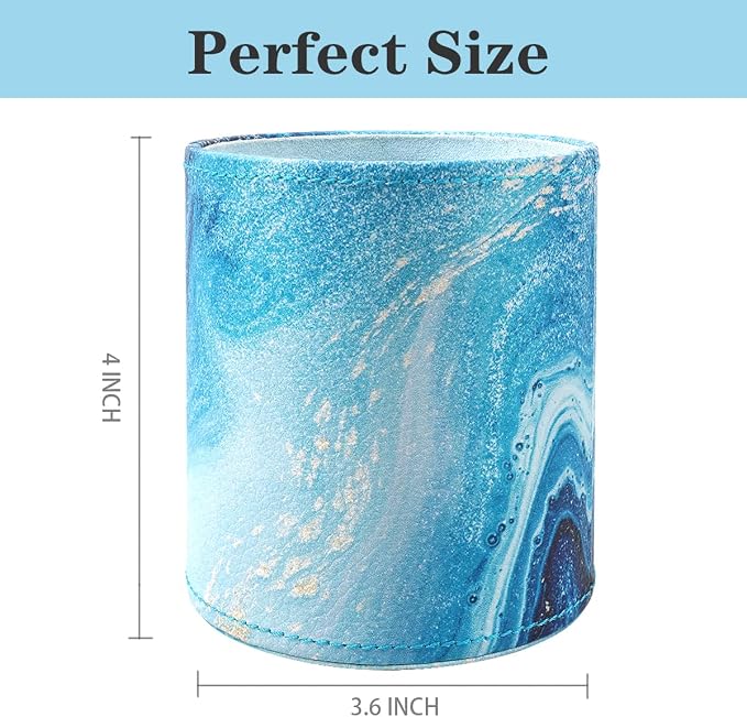 Marble Pen Holder for Desk, Pencil Organizer Office Decor, Large Makeup Brush Holder Pu Leather Multi-Functional Organizer Cup for Office, Home, Classroom, Blue Marble