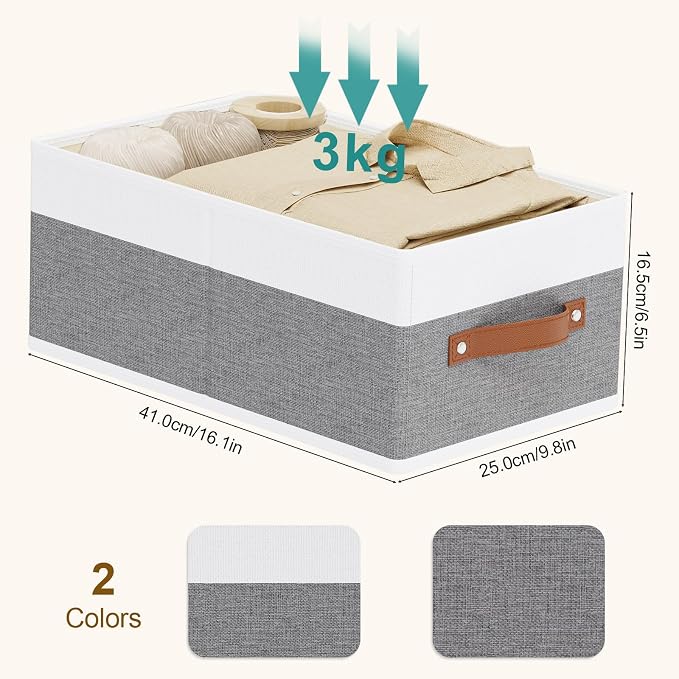 Fabric Storage Boxes,16.1×9.8×6.5In,White/Grey Bins,4Pack | Storage Baskets with Handles,Collapsible Clothing Bins,Fabric Drawers,Closet Organizer for Shelves Wardrobe Bedroom