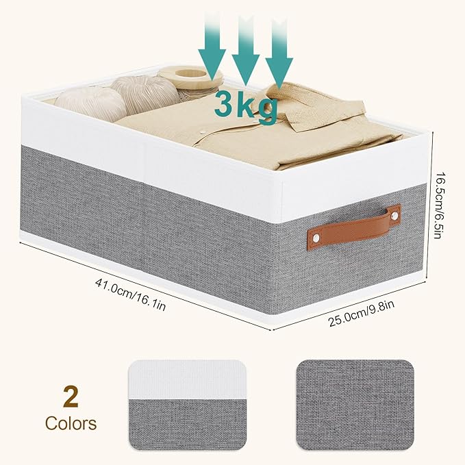 Fabric Storage Boxes,16.1×9.8×6.5In,White/Grey Bins,6Pack | Storage Baskets with Handles,Collapsible Clothing Bins,Fabric Drawers,Closet Organizer for Shelves Wardrobe