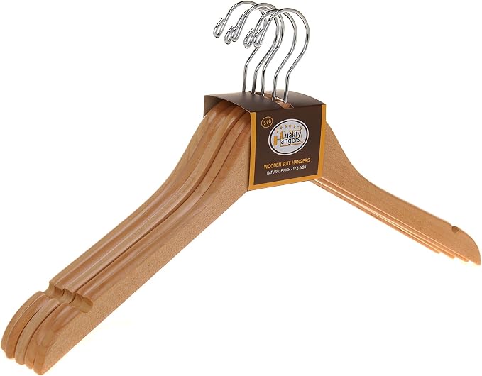 Quality Semi Curved Wooden Suit Hangers, 10-Pack Smooth Finish Solid Wood Coat Hanger with Swivel Hook, Jacket, Pant, Dress Clothes Hangers (Natural, 10)