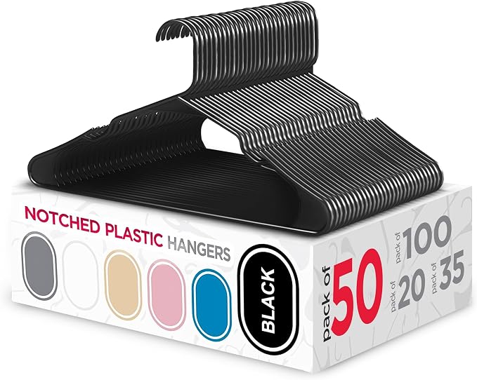 Sharpty Plastic Hangers Clothes Hangers for Clothing, Closet, Coats & Shirts - Notched, Durable & Space Saving - for Everyday Standard Use, Room Essentials & Basics - 50 Pack - Black