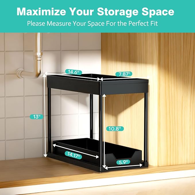 Under Sink Organizers 2 Pack, Pull-Out Sliding Cabinet Organizer with 2-Tier Storage Shelf & 4 Hooks, Multi-Purpose for Kitchen & Bathroom (13 Inch, Black)