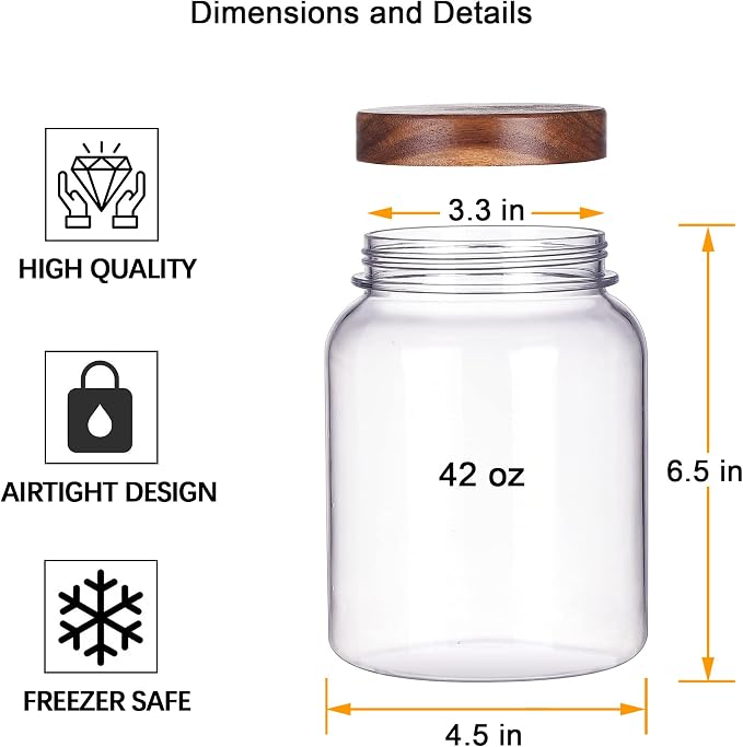YUEJUM 42 Fluid Ounces Unbreakable & Dishwasher Safe Plastic Apothecary Jar with Wooden Airtight Screw Top Lid, Food Storage Canister for Sugar, Tea, Spices, Coffee, Cookie, Candy Containers