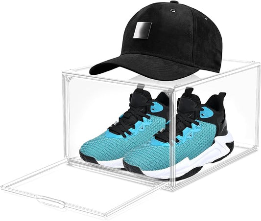 1 Pack Drop-Front Clear Shoe Storage Box Acrylic Box Shoe Organizer Size 12, Stackable Shoe Cases with Magnetic Door Storage Cubbies for Sneaker Containers Boot Display & Closet Organization