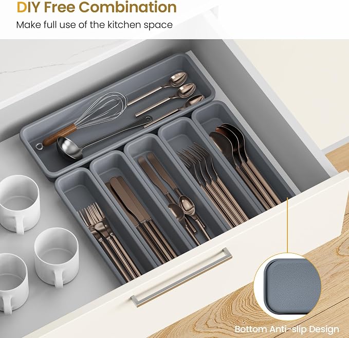 6 Pack Silicone Drawer Organizer for Kitchen, DIY Free Combination Silverware Organizer, Utensil Drawer Organizer, Moisture-proof and Heat-resistant up to 200°C, Anti-slip Design (Grey)