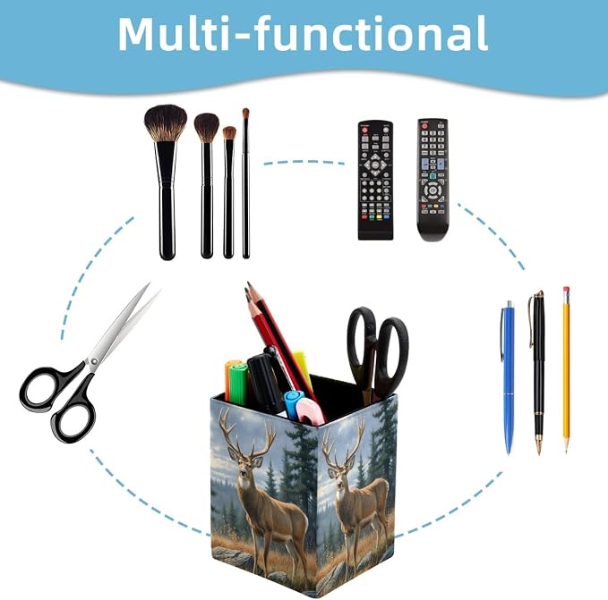 Pen Holder for Desk, Forest Deer Pencil Holder, Pen Cup Functional Desk Organizer for Office Supplies