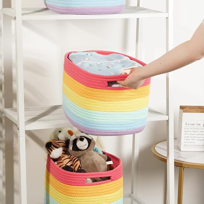 Temary Woven Baskets for Storage 3 Pack Storage Baskets for Organizing, Rectangle Decorative Rope Baskets for Storage Clothes, Towels, Storage Bins with Handles (Rainbow, 13"x9.8"x8.5")