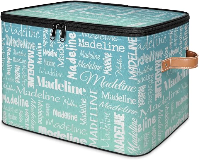 Custom Storage Basket with Name, Personalized Keepsake Box with Zipper Lid, Foldable Fabric Memory Bin Large capacity with Handle Grey Blue Green