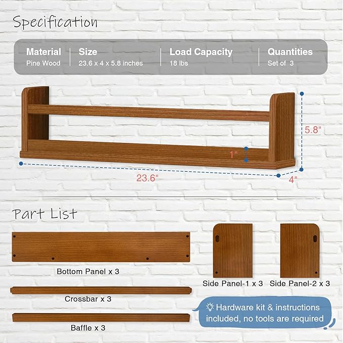 Harwaya Floating Nursery Book Shelves Wall Mounted, Wooden Wall Bookshelf for Kids Room, Dark Wood Hanging Book Shelf for Baby Toddler Childrens Bedroom (24 Inch, Walnut Brown, Set of 3)