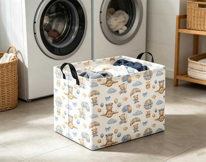 Rectangular Baby Kids Storage Basket for Home Kitchen Girls Cute Toy Storage Bin Organizer Shelf Book Room Decor(Bear Pilot)