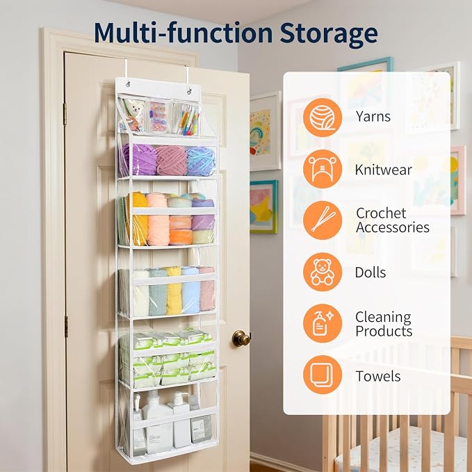 Yecaye 6 Tier Clear Over the Door Organizer, 5 Large PVC Pockets Door Hanger Organizer, 44lbs Capacity Closet Storage for Clothes Stuffed Animals and Cosmetics, Bathroom Bedroom Nursery Dorm RV, White