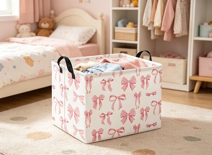 Rectangular Baby Kids Storage Basket for Home Kitchen Girls Cute Toy Storage Bin Organizer Shelf Book Room Decor(Silk Bowknot)