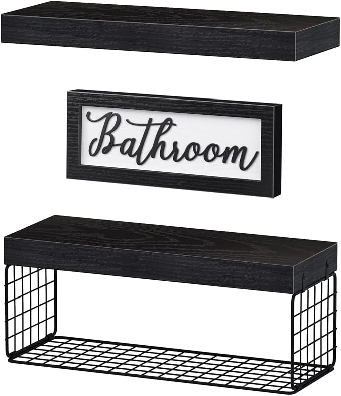 QEEIG ‎Bathroom Shelves Over Toilet - Paper Storage Wall Mounted Farmhouse Decor Decorations Aesthetic Décor Sign Small Floating Shelf 2+1 Set 16 inch, Black (020B)