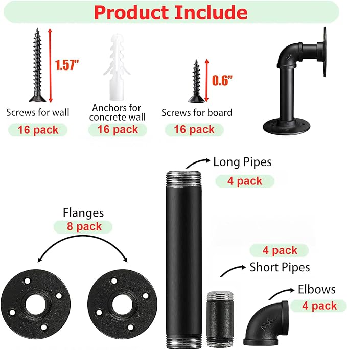 Industrial L Pipe Shelf Brackets for 8-16 in Depth Wood Heavy-Duty 3/4" Iron,Wall Mount Floating Shelf Bracket L Metal Pipe Shelving Brackets for Wood-Black DIY Pipe Shelves(7.5*3.1 Inch 4 Pack)