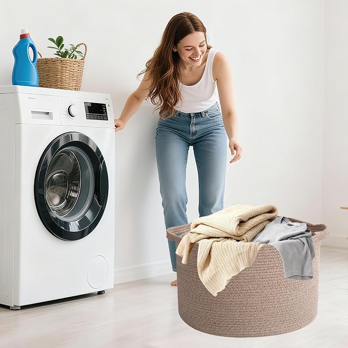 65L Large Blanket Basket,Woven Rope Laundry Basket-Brown | Collapsible, reinforced handles, nursery storage bin organizes clothes, toys and pillows for living room, bedroom bathroom.