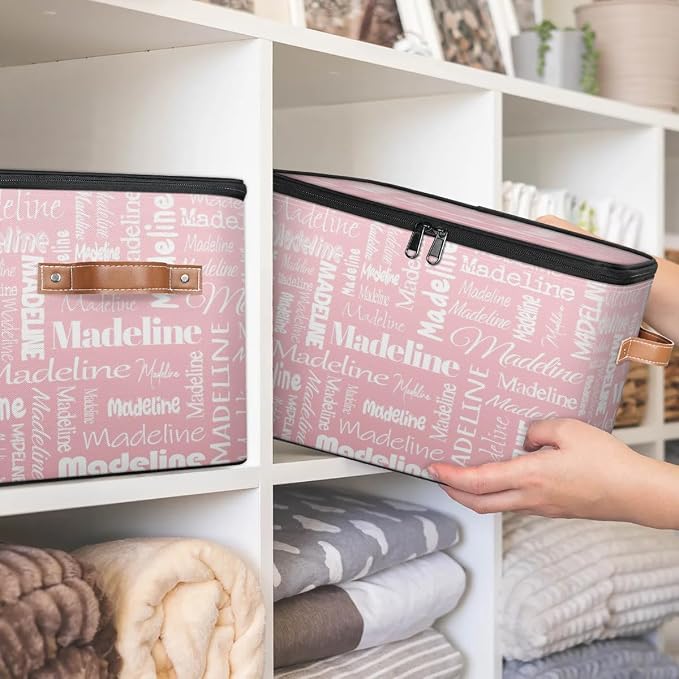 Custom Storage Basket with Name, Personalized Keepsake Box with Zipper Lid, Foldable Fabric Memory Bin Large capacity with Handle Pink