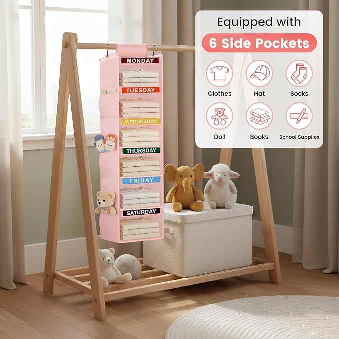 Weekly Clothes Organizer for Kids, 6-Shelf Kid Hanging Closet Organizer w/ 6 Side Pockets, Labeled Weekly Outfit Organizer for Kids, Days of The Week Clothes Organizer Monday Through Friday Pink