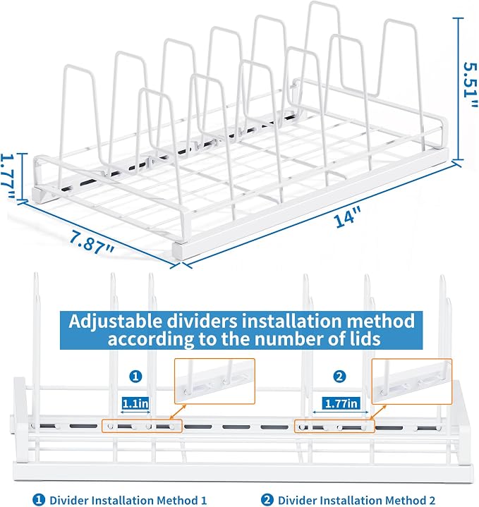 Food Container Lid Organizer, Adjustable 6 Dividers Full-Metal Pot and Pan Organizer Rack for Kitchen Cabinets, Drawers, Cupboards, Pantry Shelves Storage, White